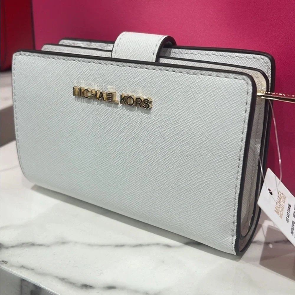 Michael Medium Crossgrain Leather Bifold Wallet Optic White  NWT